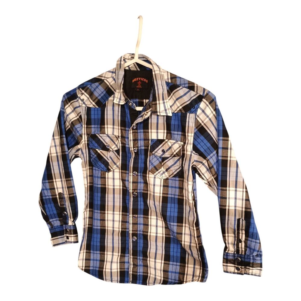 Meztizos KIDS Western Shirt Pearl Snap Blue Black White Plaid Shirt Size‎ 12 EUC